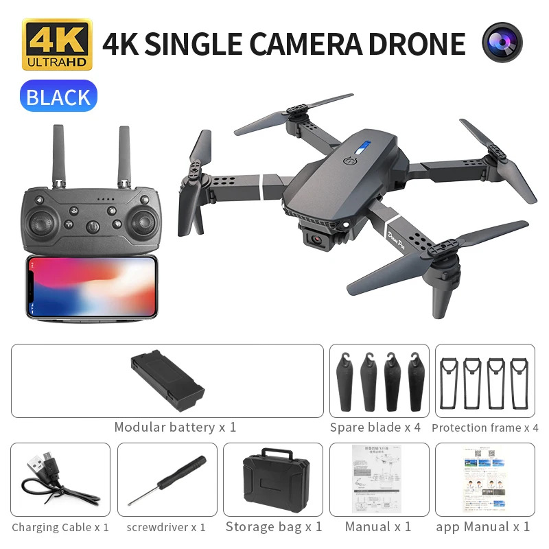 Drone Camera Wide Angle - โดรนพับได้อัจฉริยะ E88 Pro รองรับการสลับกล้องเดี่ยว/คู่ คุณภาพภาพ 4K+การถ่ายภาพมุมกว้าง